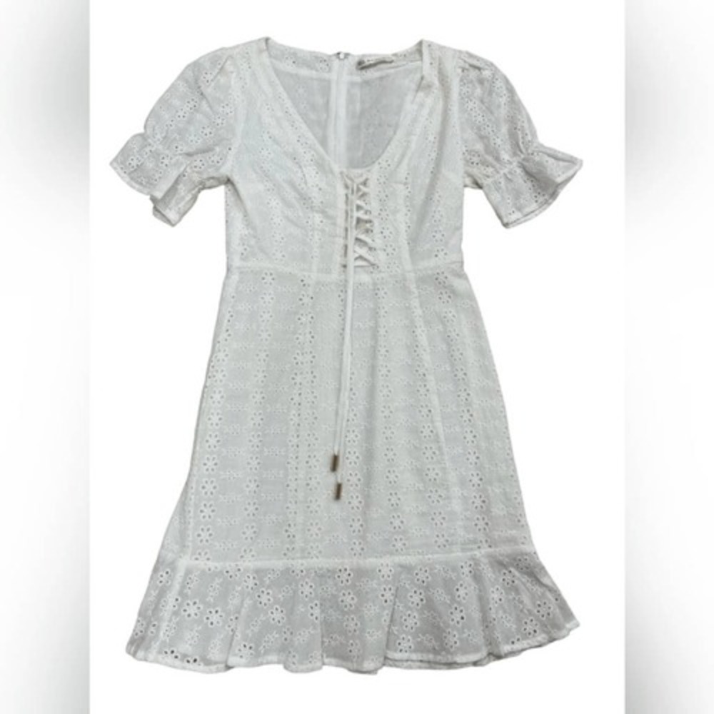 Here Comes the Sun Midi Dress Womens XS White Tie Front Eyelet Broderie Anglaise